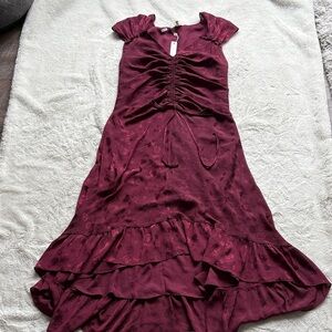 Max Studio Ruffle Midi Dress Wine Red Floral | Ruched Waist Boho Romantic XL NWT